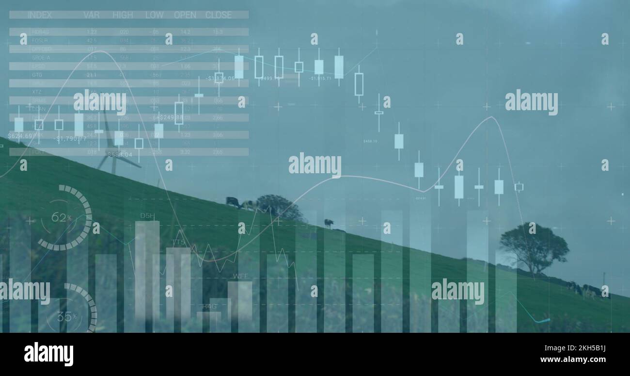 Immagine delle turbine eoliche in movimento in campagna e grafico della borsa crescente e decrescente Foto Stock