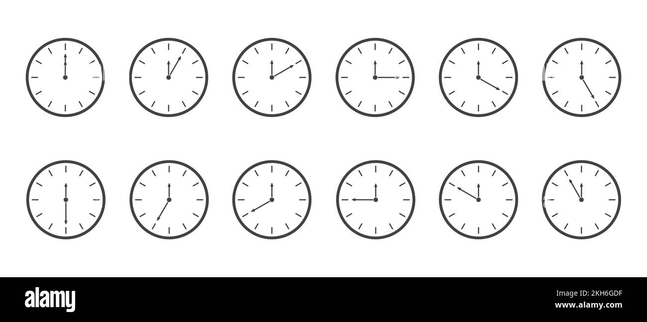 Timer con conto alla rovescia o icone cronometro impostate. Orologi con intervalli di tempo minuti diversi isolati su sfondo bianco. Infografica per la cucina o il gioco sportivo. Illustrazione grafica vettoriale. Illustrazione Vettoriale