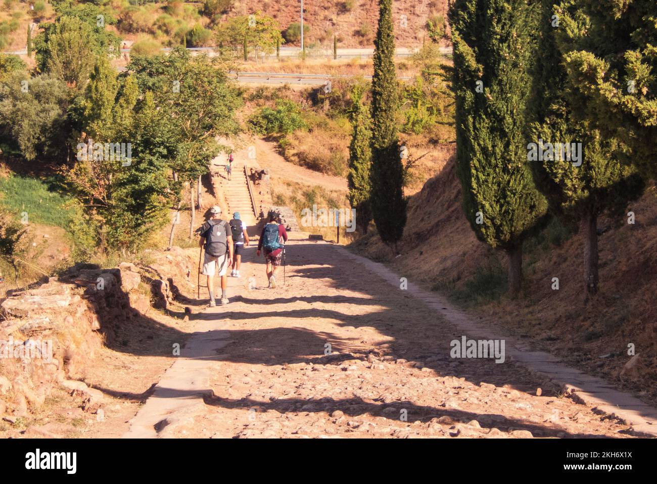 Più vecchio del Camino de Santiago. Fuori del villaggio Cirauqui il St. James Way utilizza una vecchia strada romana. Foto Stock