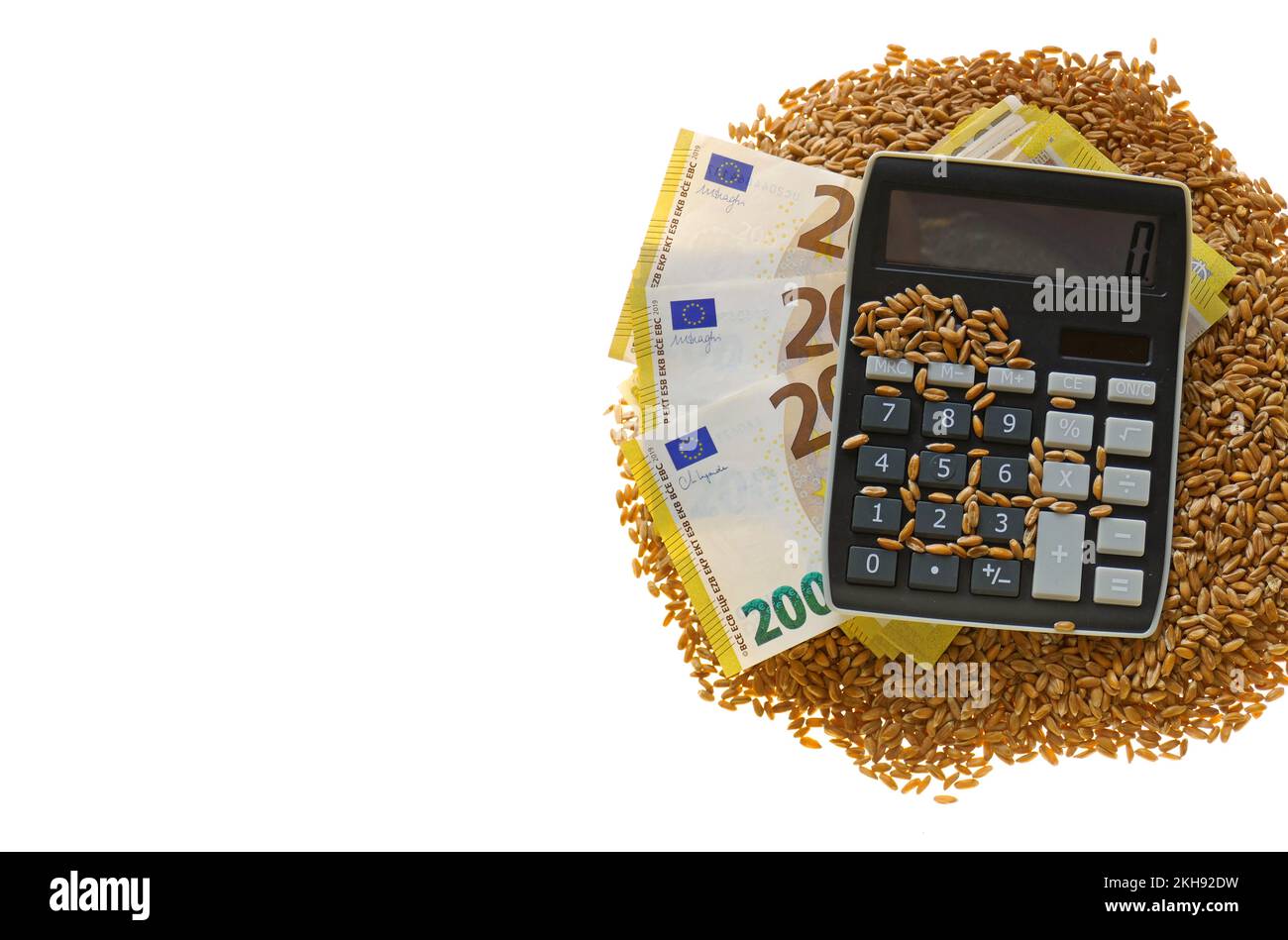 Prezzi di grano. Grani di grano, banconote in euro e una calcolatrice su sfondo bianco.crisi alimentare. Crescita dei prezzi mondiali del grano e della farina Foto Stock