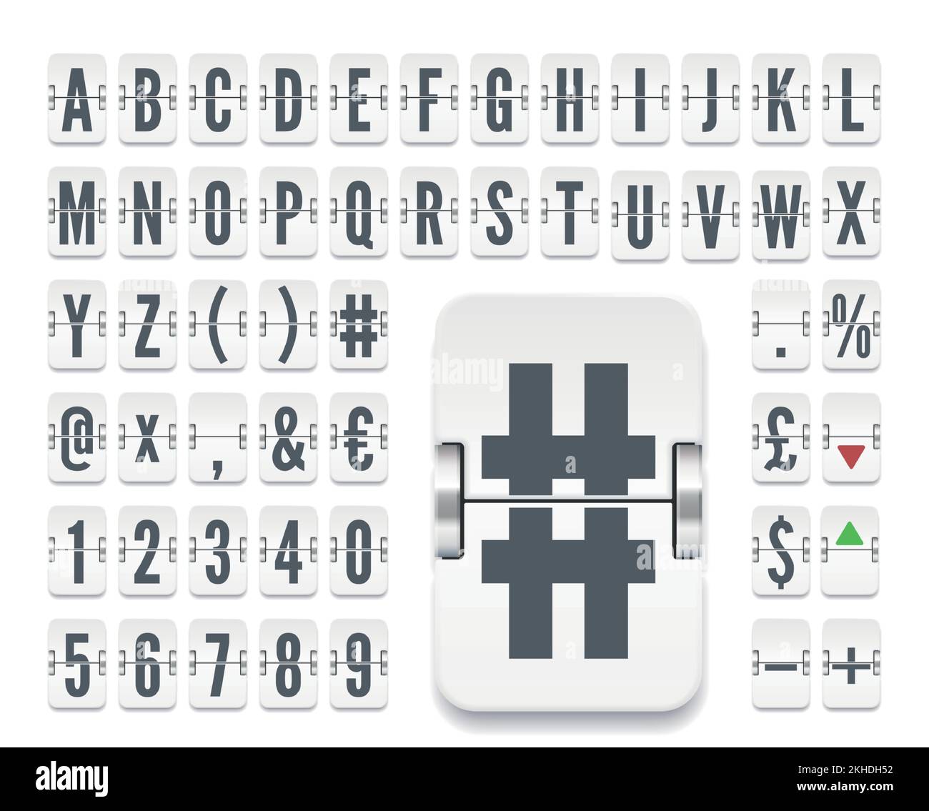 Font bianco del tabellone segnapunti meccanico del terminale aeroportuale con i numeri per i tassi di cambio. Illustrazione vettoriale. Lavagna a fogli mobili della compagnia aerea alfabeto grassetto per la destinazione del volo o informazioni finanziarie Illustrazione Vettoriale