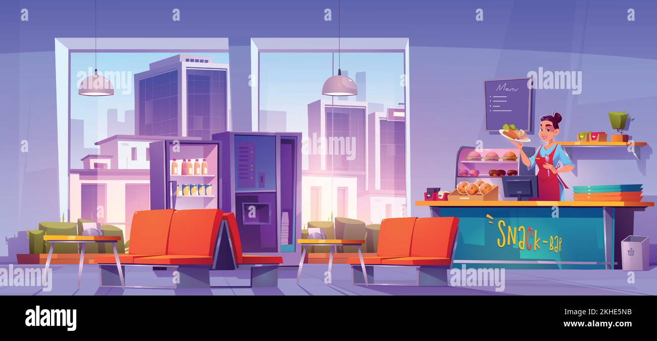 Cafe interno con vista sulla città. Mensa fast food, sala da pranzo con venditore al banco con vassoi, pasti e bevande, tavoli con sedie, distributori automatici di snack, Cartoon vettore illustrazione Illustrazione Vettoriale
