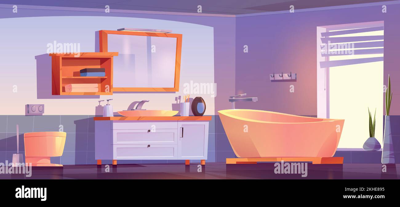 Design interno del bagno in cartone animato. Illustrazione vettoriale di bagno, wc, lavello, specchio, spazzolini da denti, bottiglia di sapone, asciugamani su scaffale in camera pulita con grande finestra e vaso di fiori. Comfort e igiene a casa Illustrazione Vettoriale