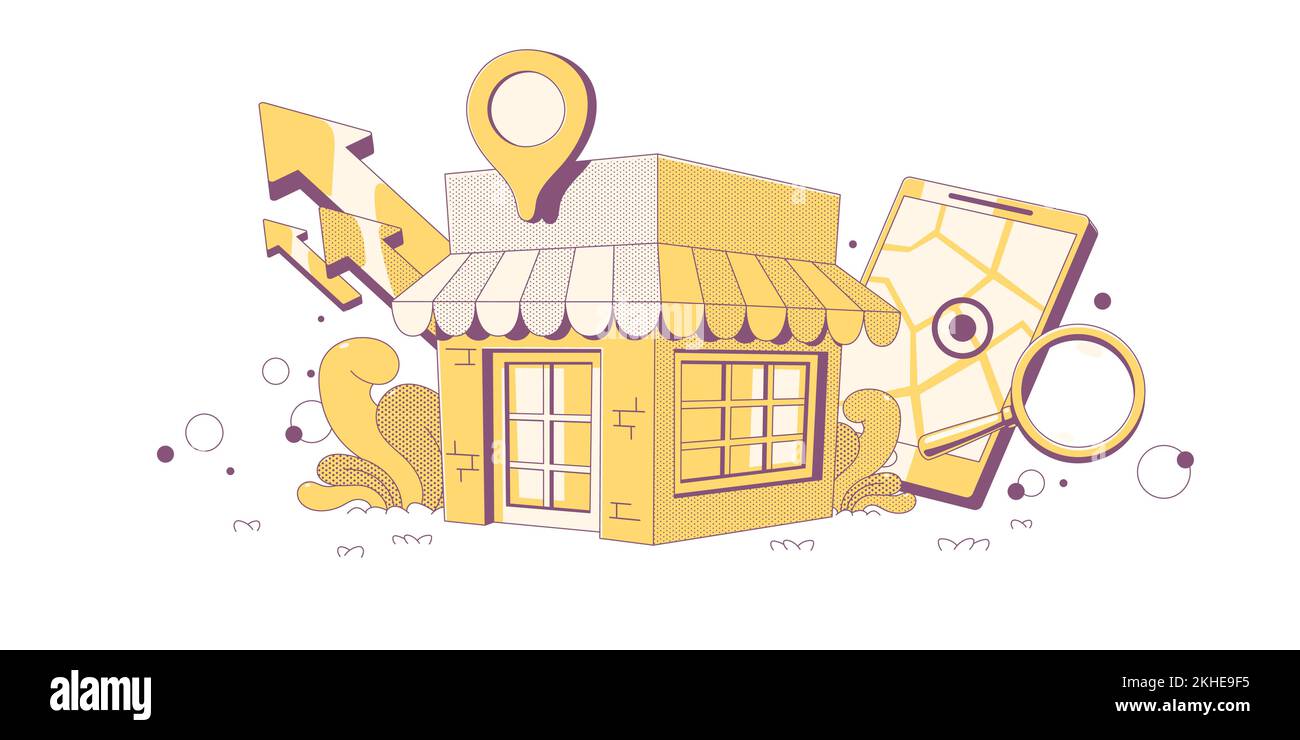 Negozio locale, ottimizzazione seo aziendale concetto contemporaneo con edificio del negozio, tablet con mappa, posizione pin e lente di ingrandimento. Strategia di mercato Cartoon lineare a mezzitoni retro colorato illustrazione vettoriale Illustrazione Vettoriale