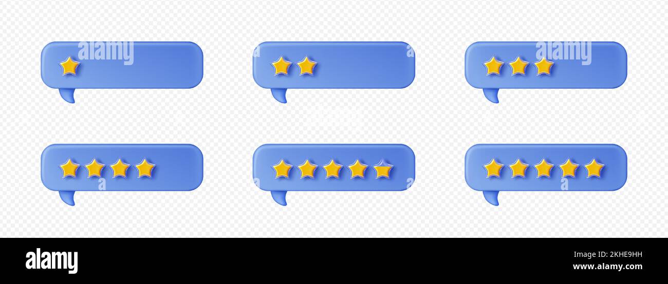 3d rendere il feedback dei clienti stelle in fumetti. Valutazione, revisione del cliente, commento o feedback aumento del livello di valutazione nei messaggi bollati, vettore isolato Illustrazione in stile cartone animato plastica Illustrazione Vettoriale