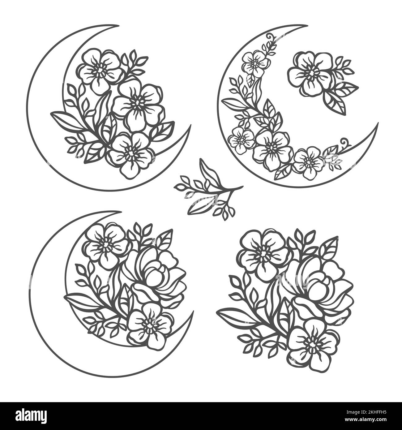 FLOWER CRESCENT Monochrome Collection from Buttercup and Rose wreaths and Bouquets openwork contours for Print Cartoon clipart floreali Vector illustrata Illustrazione Vettoriale