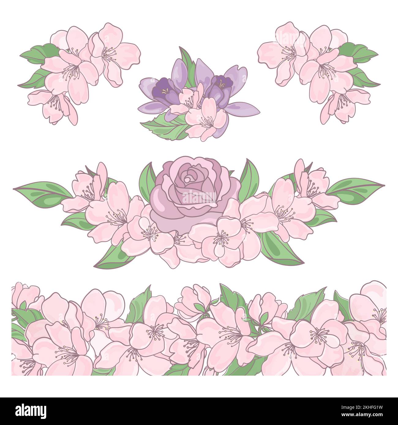 ORNAMENTO FLOREALE Rosa Aquilegia Stagione di mele natura Primavera matrimonio vacanza decorazione Cartoon clip Art Vector Illustration Set for Print Illustrazione Vettoriale