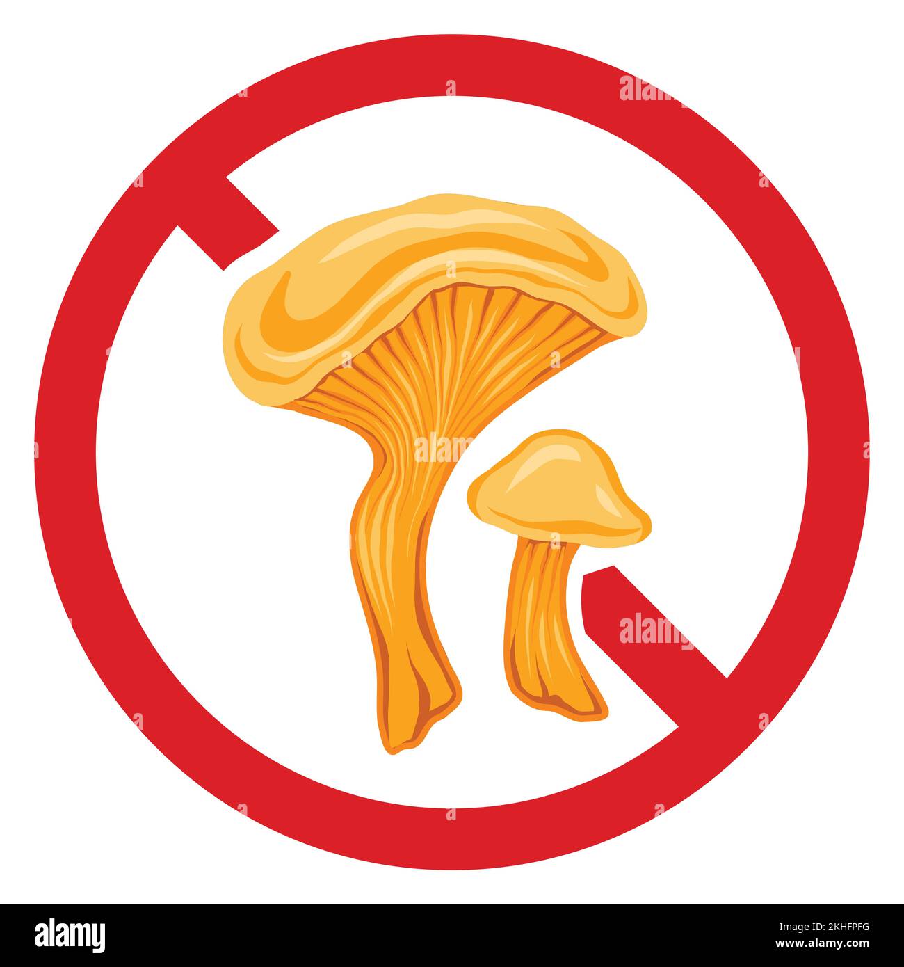 Cartello di divieto con fungo velenoso. Canterelle vettoriali nel segno di divieto per badge e adesivo. Non mangiare o raccogliere funghi. Pericolo di colein Illustrazione Vettoriale