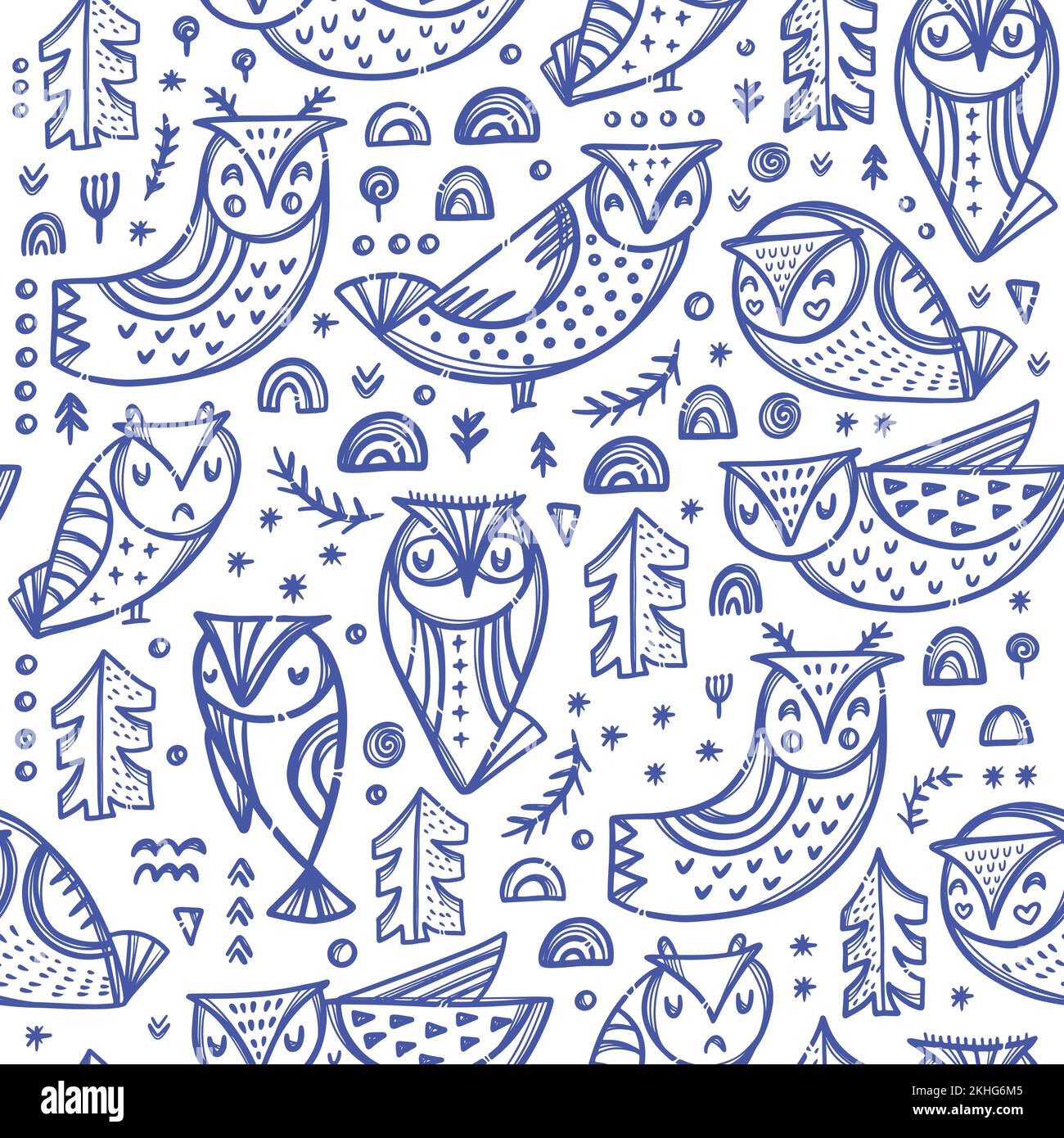 FOREST WOWL variazioni di Blue Bird personaggi con alberi e altre piante su White Backgroung Cartoon disegno a mano senza cuciture modello Vector Illustration Illustrazione Vettoriale