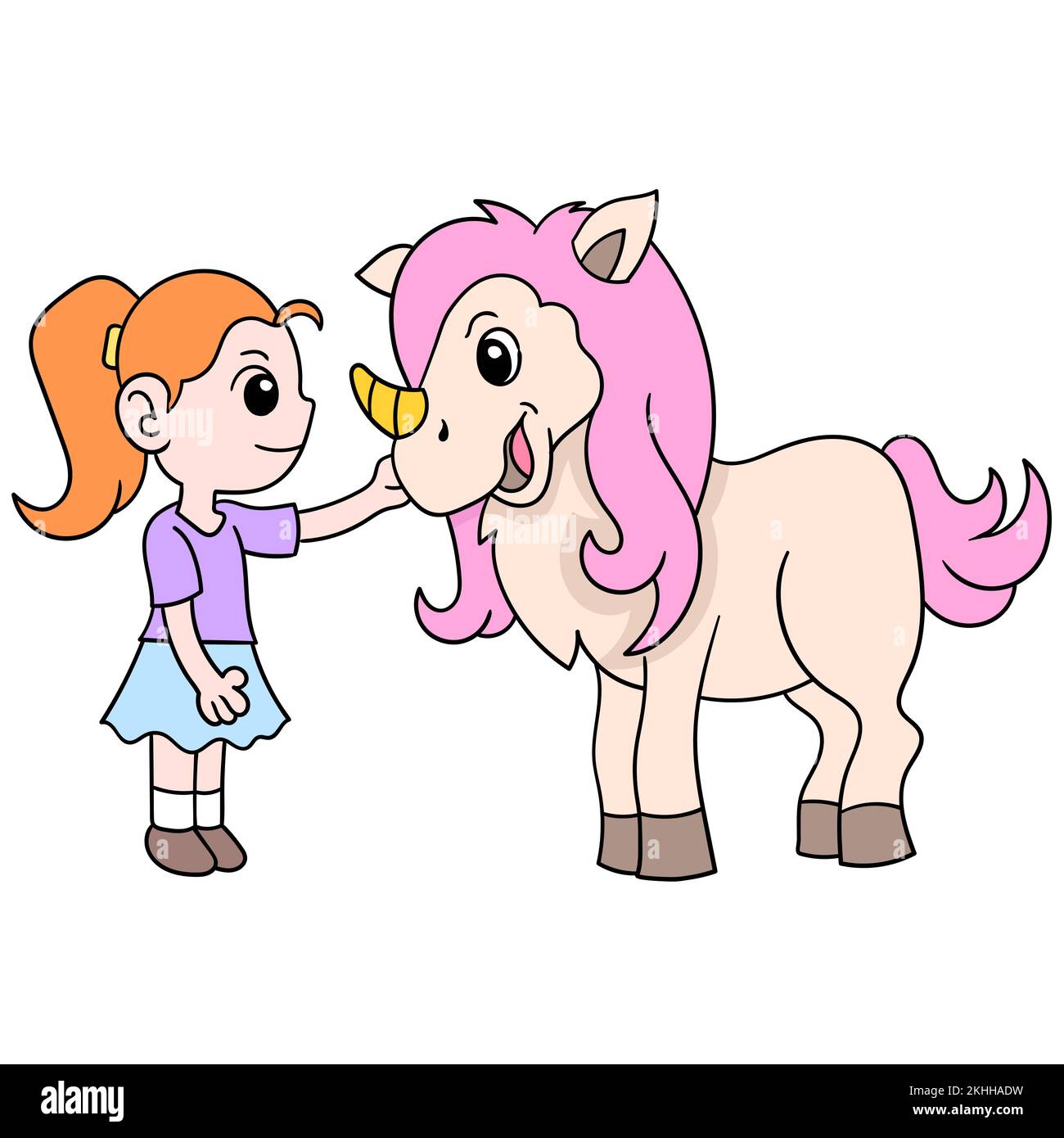 Un disegno del doodle di una ragazza che ama il suo pony favorito Illustrazione Vettoriale