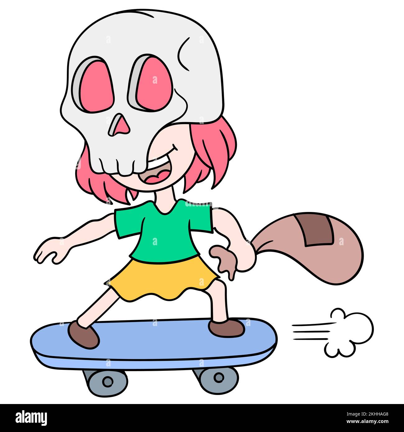 Disegno di una ragazza che cavalca un skateboard con una maschera per il cranio Illustrazione Vettoriale