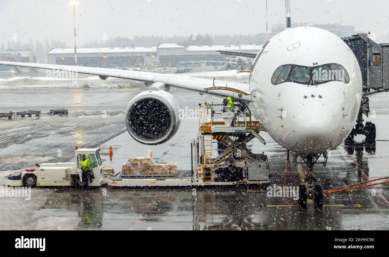 Caricamento di un aereo prima del decollo in aeroporto quando nevica Foto Stock