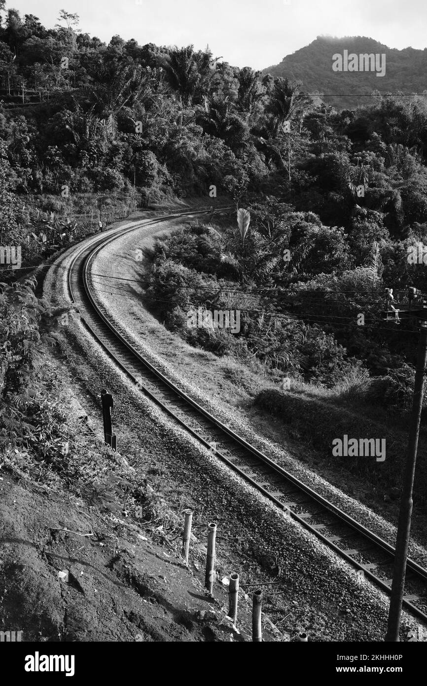 Foto in bianco e nero, foto monocromatica di una ferrovia che corre su una collina nella zona di Pangandaran, Indonesia Foto Stock