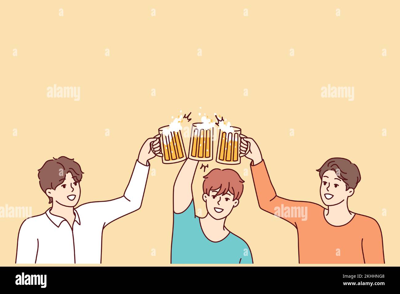 Giovani uomini sorridenti che accattonano i bicchieri bevendo la birra insieme. I ragazzi felici allietano il party Buon divertimento. Concetto di amicizia. Illustrazione vettoriale. Illustrazione Vettoriale