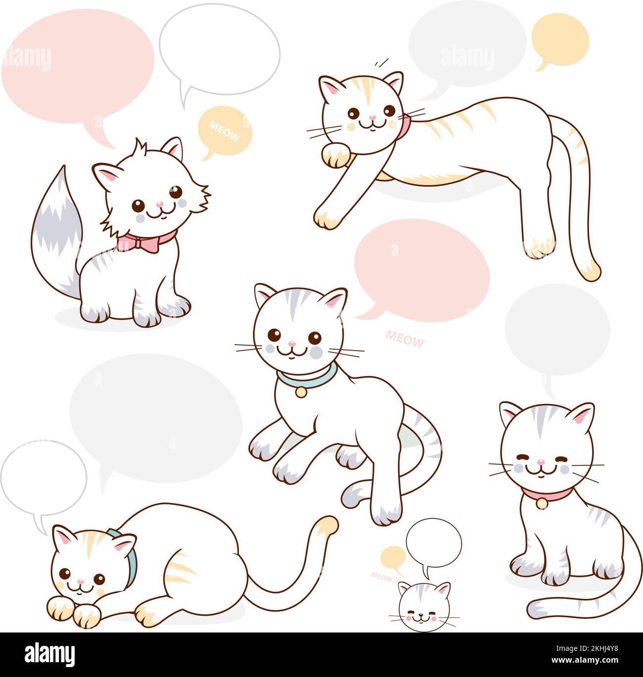 Carino gatti cartone animato con bolle di discorso. Illustrazione vettoriale Illustrazione Vettoriale
