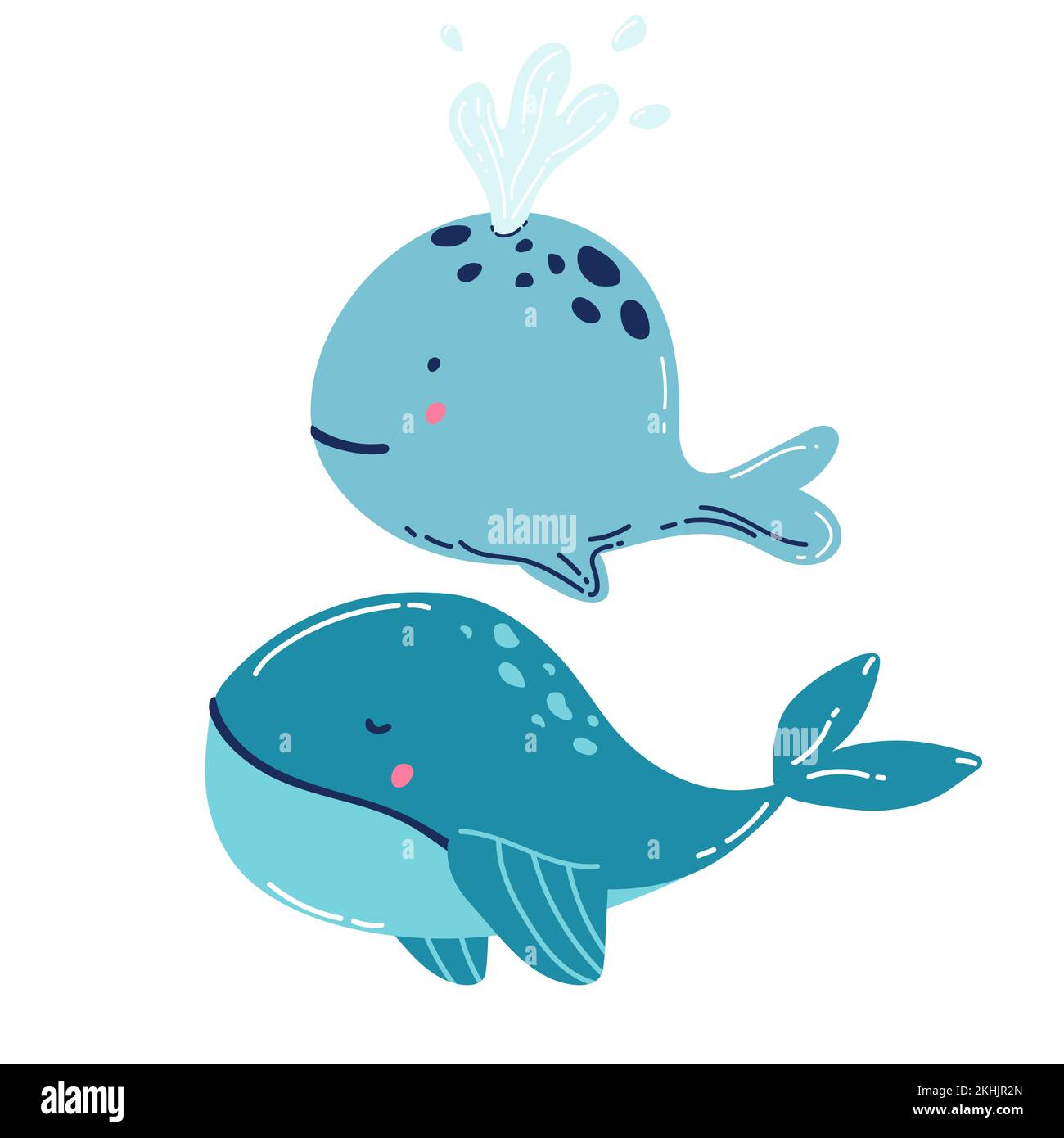 Set di mammiferi marini balene blu, squali, balene spermatiche, delfini, balene beluga, balenottere assassino narwhale. Grafica vettoriale cartoon. Illustrazione Vettoriale