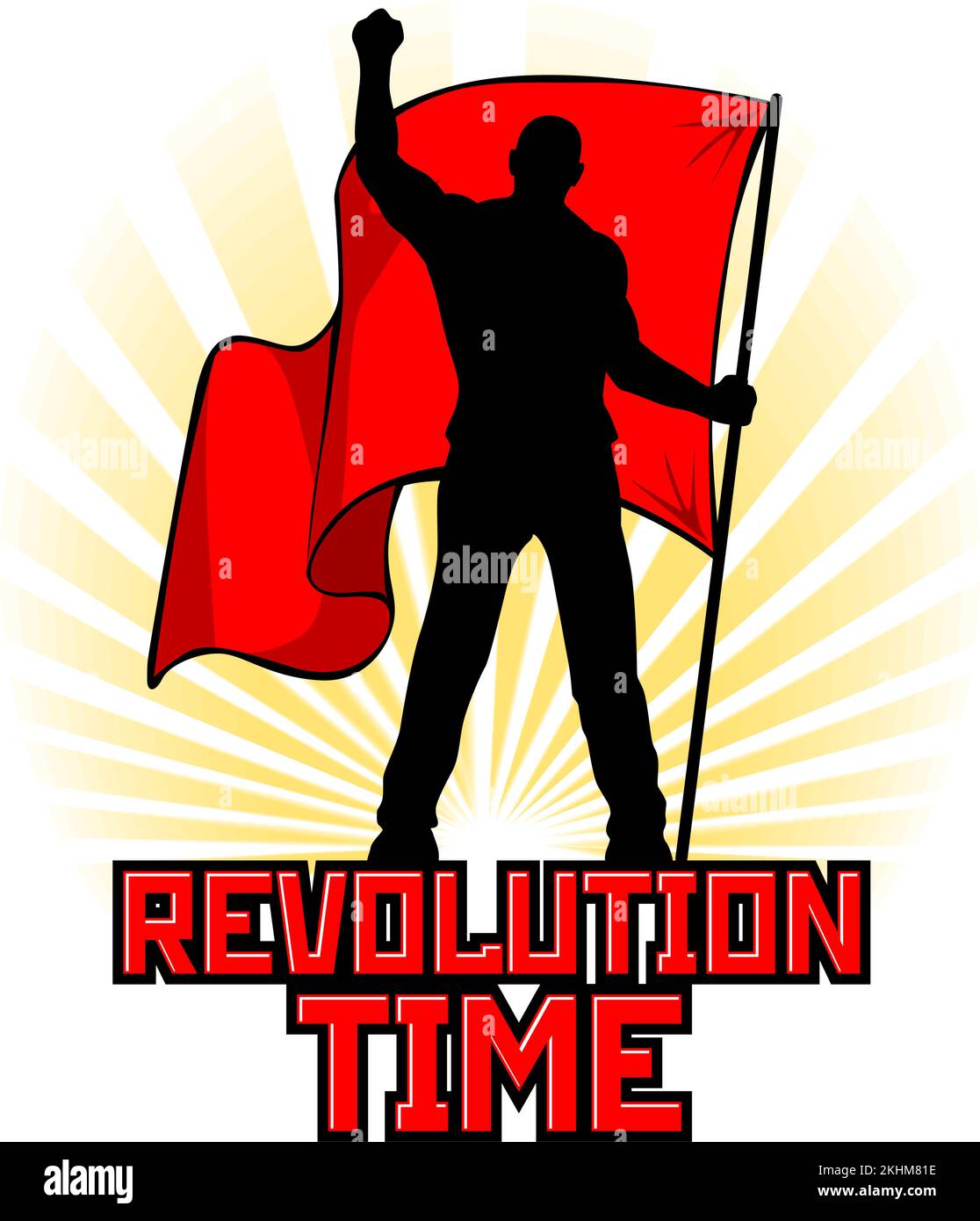 Uomo con bandiera rossa sullo sfondo dell'alba. Silhouette di protesta ribelle che tiene bandiera di rivoluzione. Poster di propaganda vettoriale su sfondo trasparente Illustrazione Vettoriale
