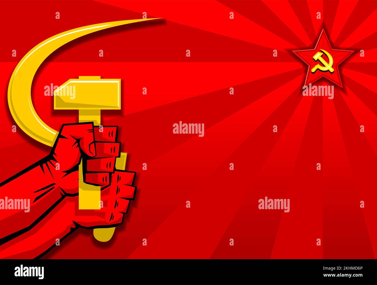 Revolution propaganda poster stile retrò. Falce dorate e martello in mano, stella sovietica su sfondo rosso. Vettore Illustrazione Vettoriale
