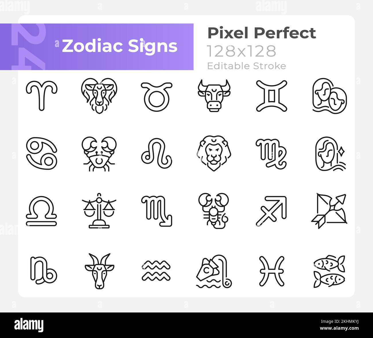 Zodiac segni pixel perfetto lineare grandi icone set Illustrazione Vettoriale