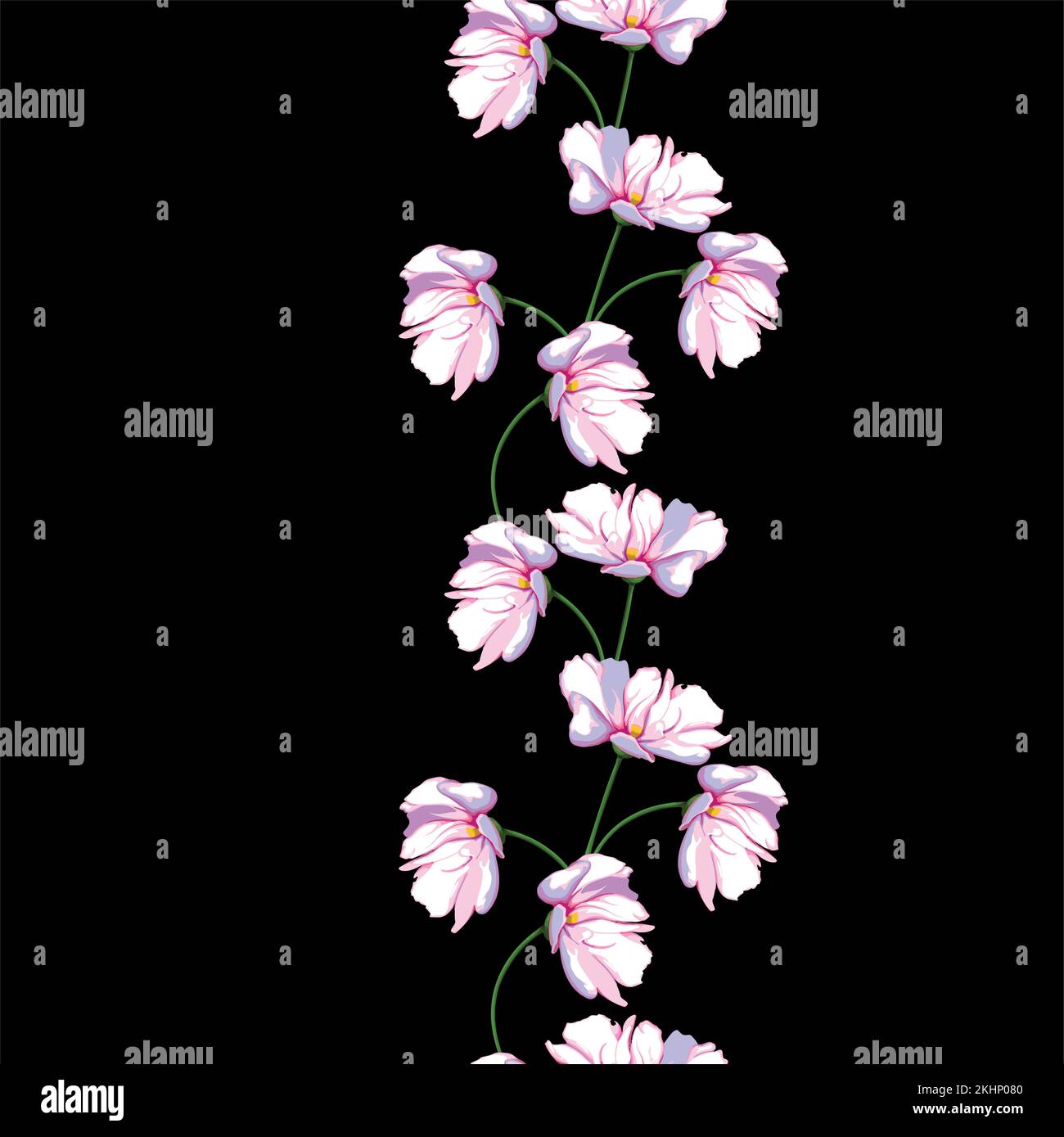 Moderno motivo floreale vettoriale senza cuciture su sfondo nero isolato. Illustrazione disegnata in digitale. Può essere usato come disegno di tessuto altro tessuto. Illustrazione Vettoriale