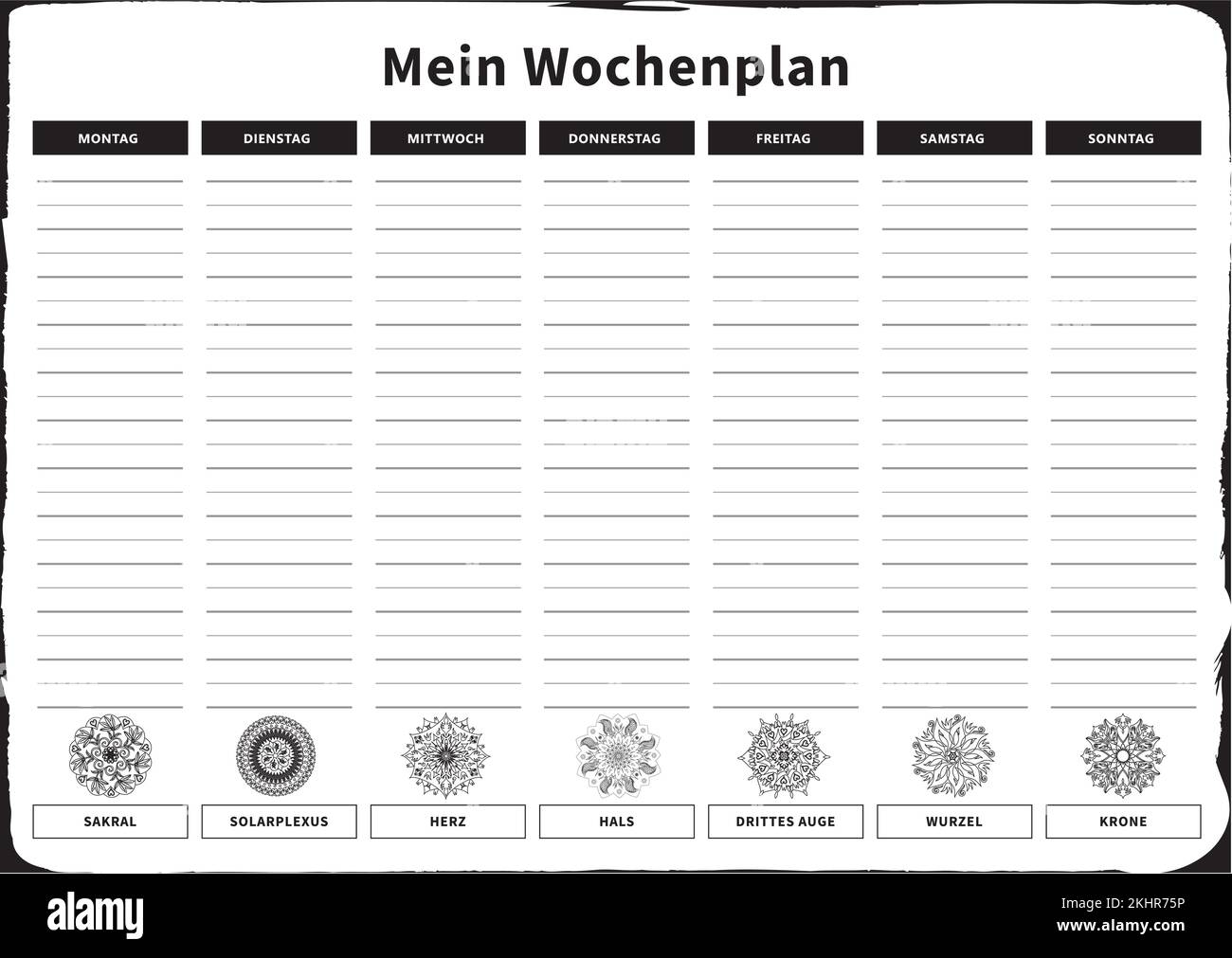 Pianificazione settimanale con 7 giorni e Chakra corrispondente in tedesco bianco e nero Illustrazione Vettoriale