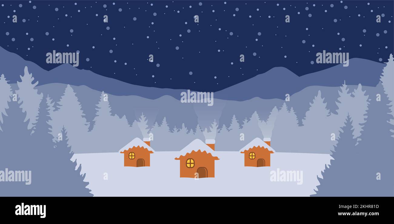 biglietto di auguri natalizio con piccola casa sul paesaggio invernale innevato Illustrazione Vettoriale