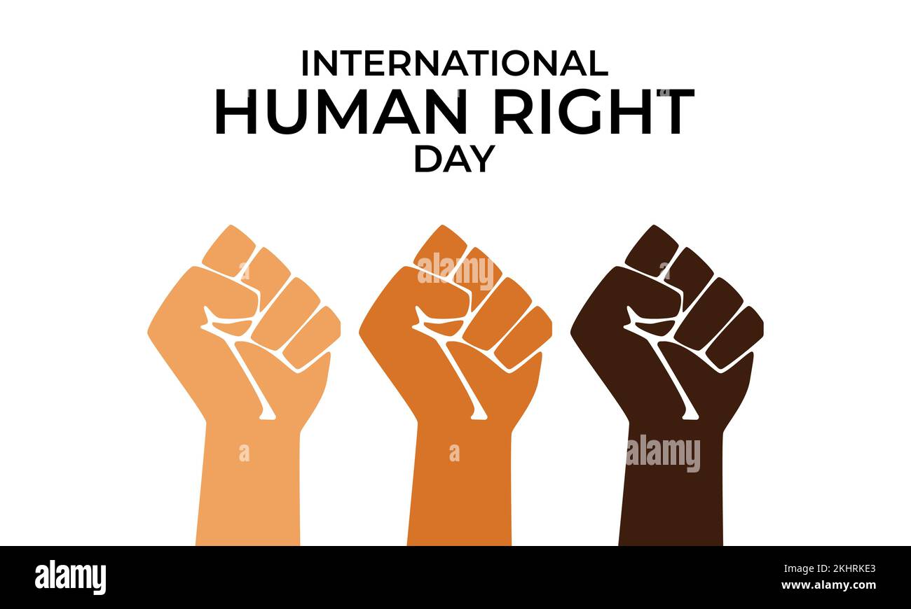 Giornata internazionale dei diritti umani. Un esempio di uguaglianza globale e di pace. Il concetto di diversità sociale. Solidarietà pugno. Illustrazione Vettoriale