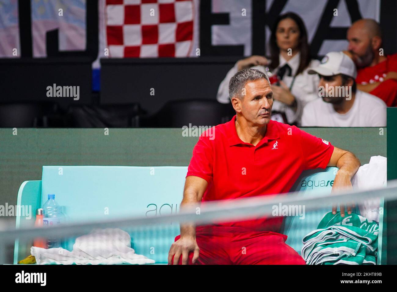 Croazia il capitano Vedran Martic visto durante le partite Spagna vs Croazia del 1/4 finale della Coppa Rakuten Davis al Palacio de los Deportes Jose Maria Martin Carpena, a Malaga. Punteggio finale Spagna 0:2 Croazia Foto Stock