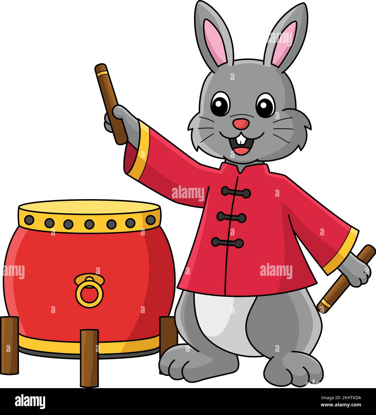 Coniglio Playing Drums Cartoon colorato Clipart Illustrazione Vettoriale