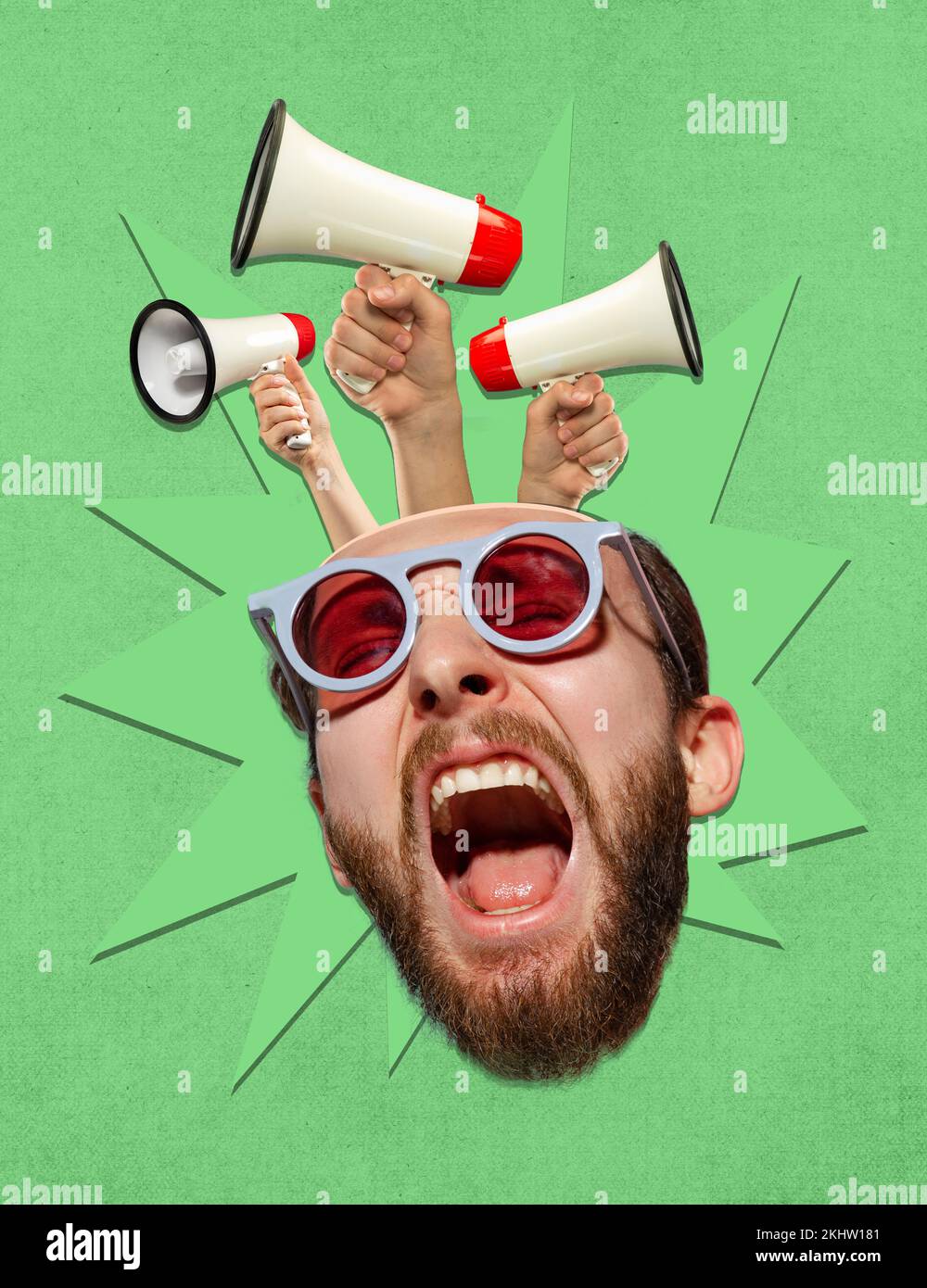 Collage d'arte contemporanea. Design creativo. Giovane uomo con molti megafoni che appaiono dalla testa simbolizzando falsi notizie e propaganda Foto Stock