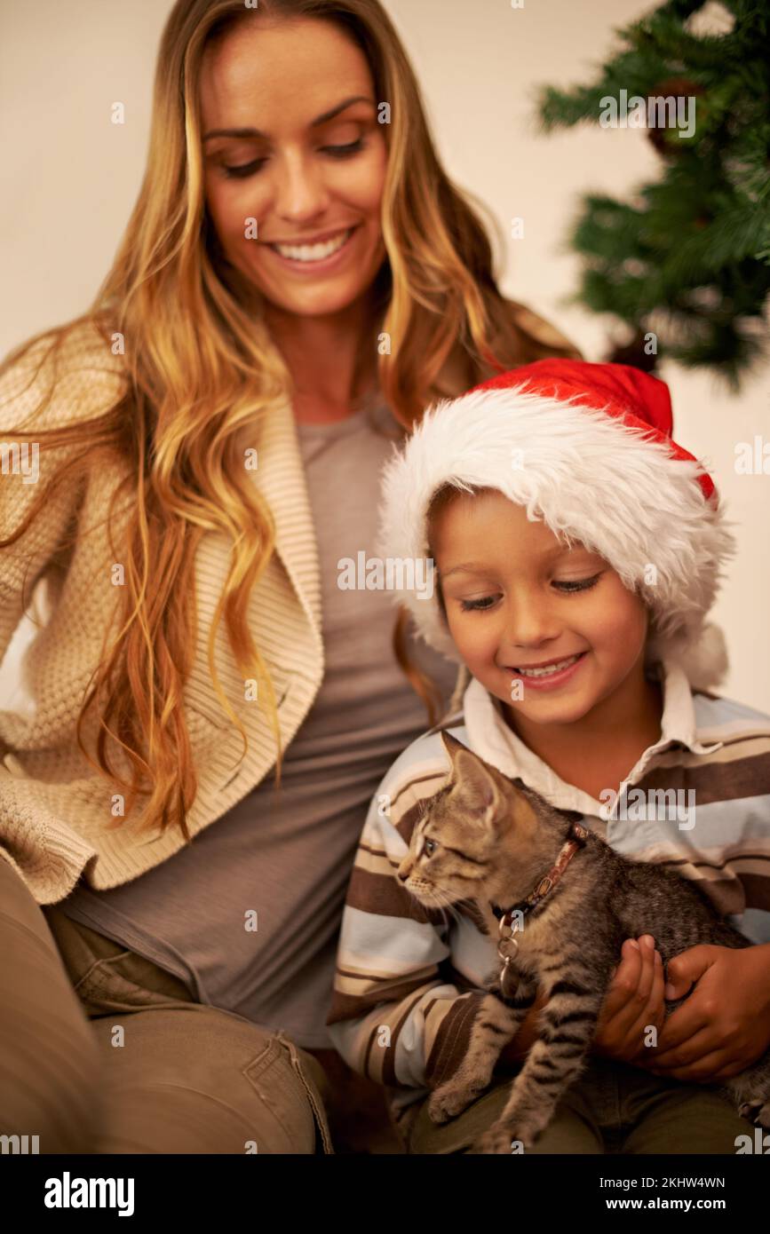 Natale, regalo e madre con un gatto per un bambino in una celebrazione di una felice vacanza in famiglia in casa. Sorridi, amore e mamma dando un giovane eccitato Foto Stock