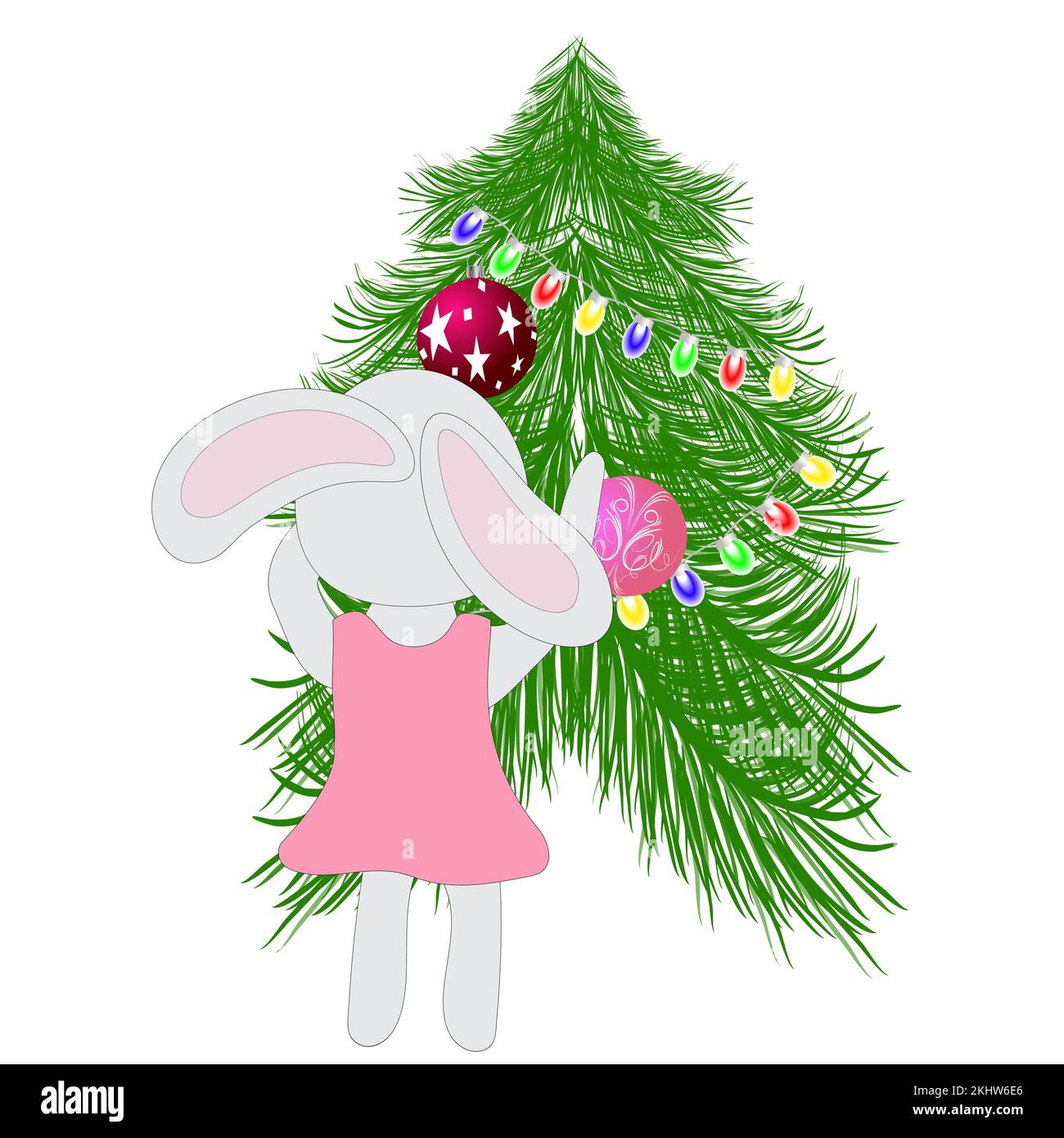 Bunny ragazza in un vestito rosa e un arco con un pallone su uno sfondo bianco. Simbolo di 2023. Illustrazione vettoriale. Illustrazione Vettoriale