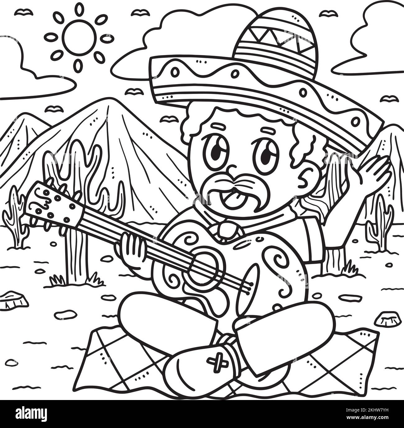 Cinco de Mayo Man Playing Guitar Coloring Page Illustrazione Vettoriale