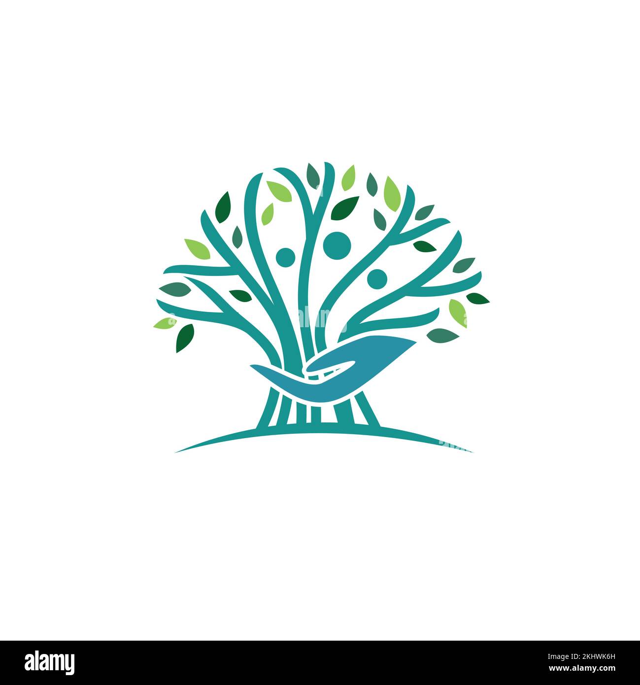 Design del logo sanitario. Albero con mano di tenuta Illustrazione Vettoriale