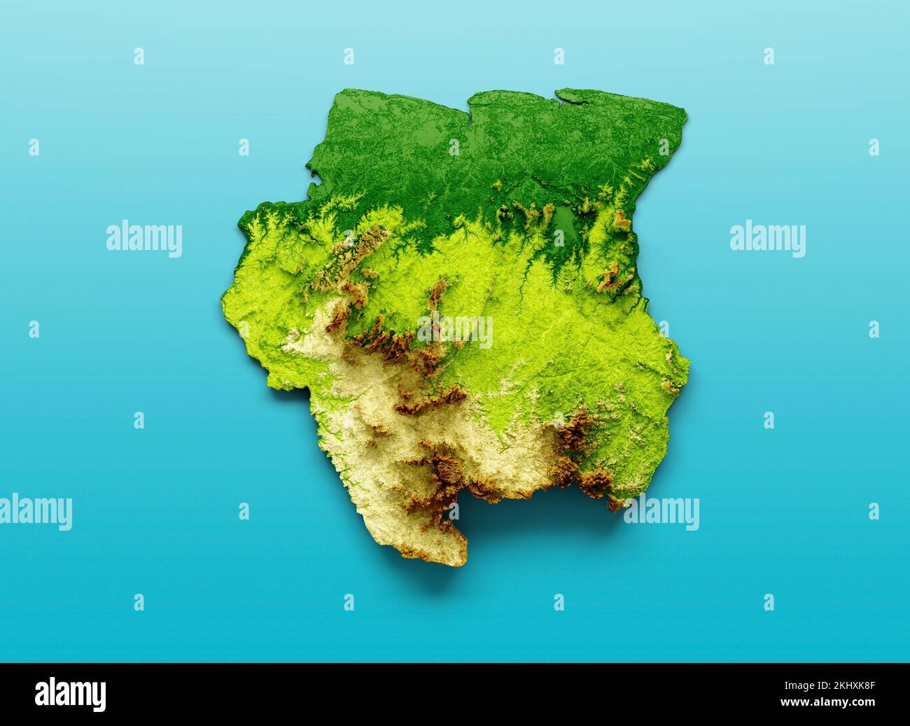 La mappa del Suriname rilievo ombreggiato isolato su uno sfondo blu Foto Stock