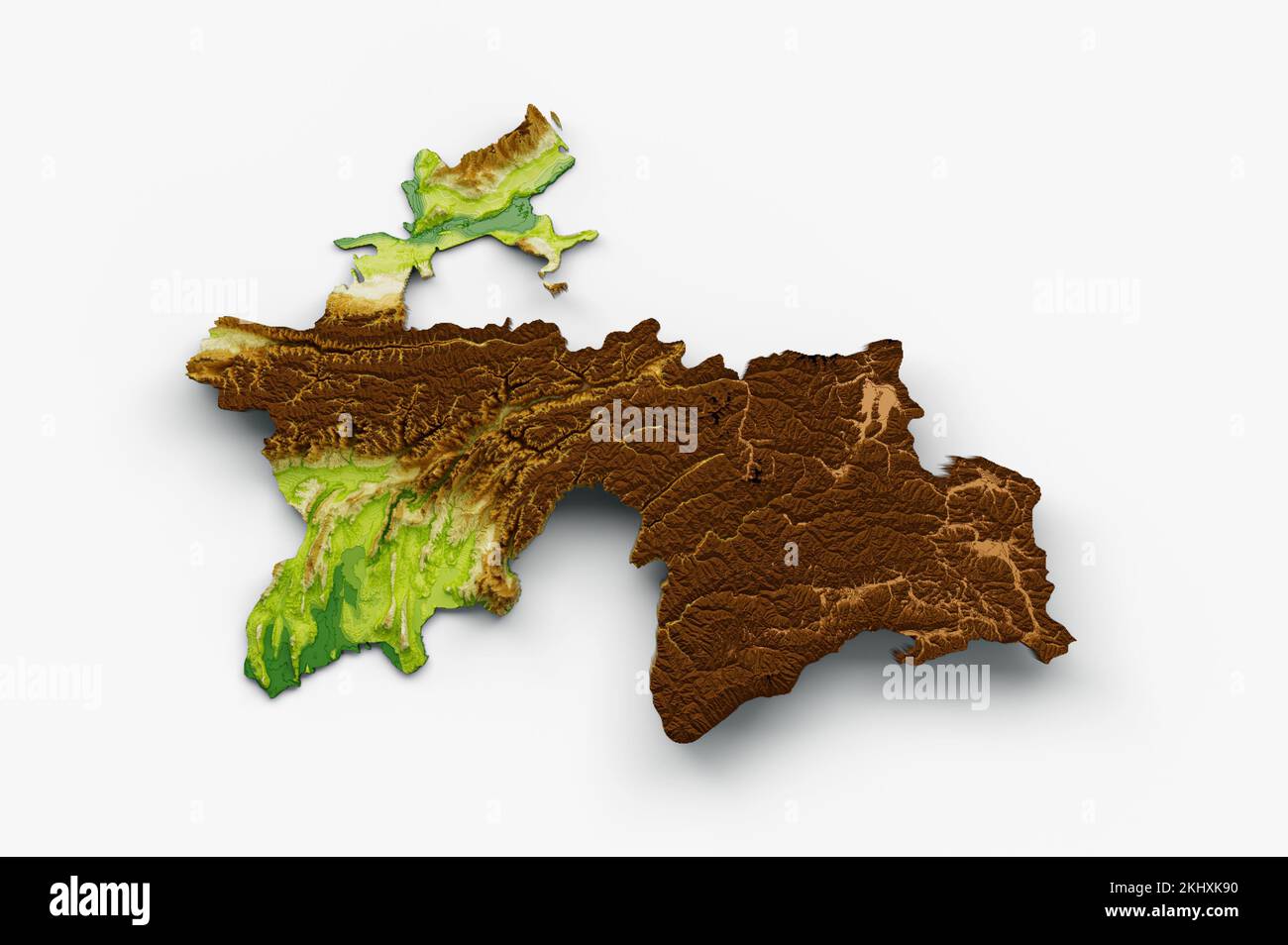 La carta del Tagikistan è un rilievo ombreggiato isolato su sfondo bianco Foto Stock