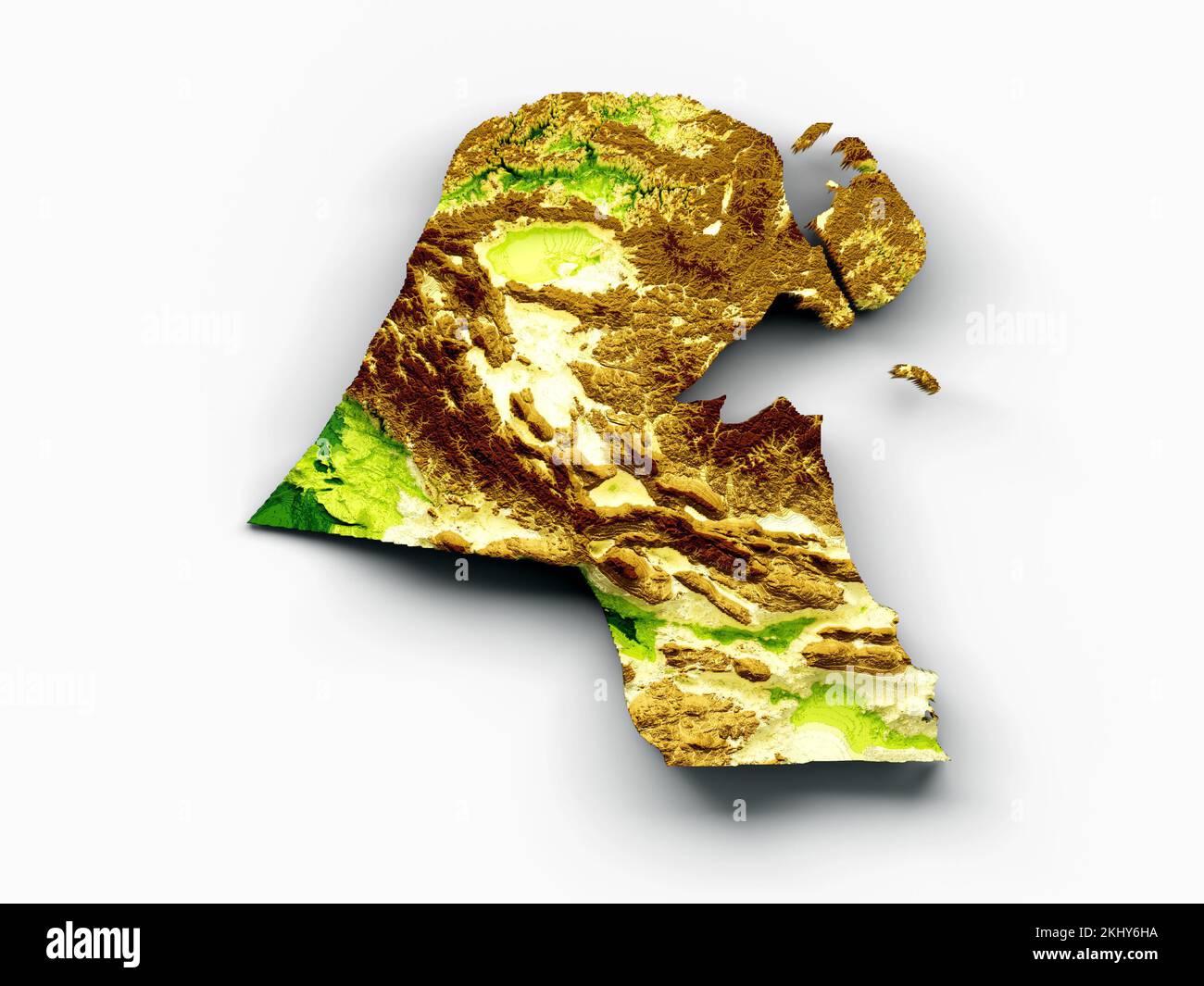 La mappa del Kuwait rilievo ombreggiato isolato su uno sfondo bianco Foto Stock