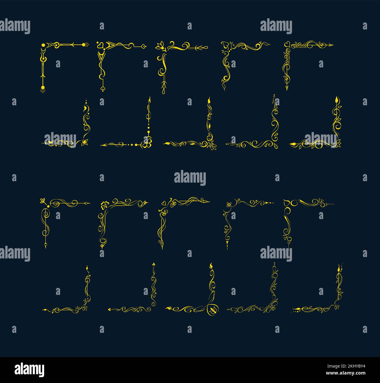 Set di bordi d'angolo fantasia disegnati a mano, vignette. Linee eleganti, decorazioni di pagina, o per fare le cornici. Elementi decorativi floreali facilmente modificabili Illustrazione Vettoriale