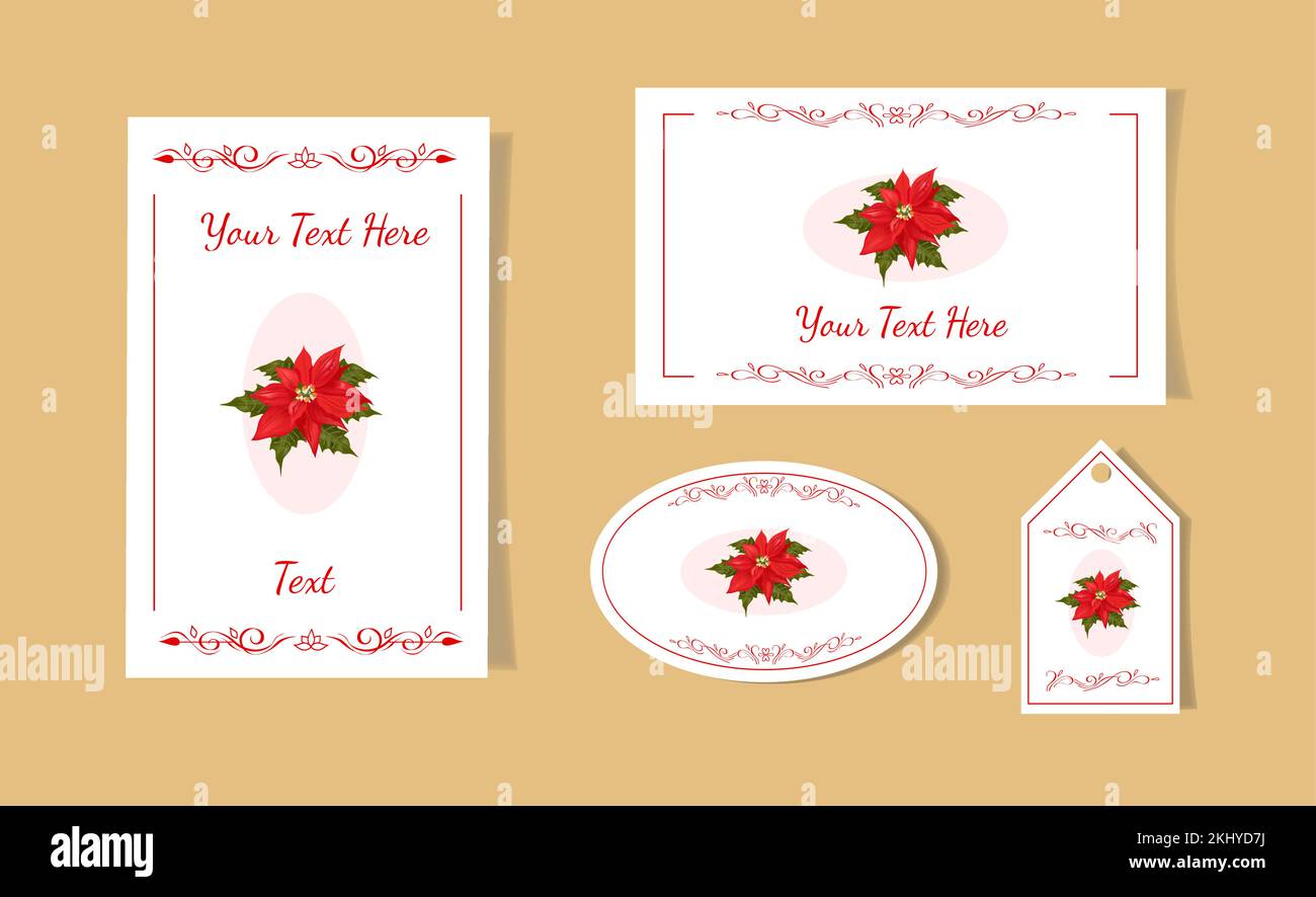 Invito bianco e rosso modificabile, biglietto, volantino, biglietto da visita, adesivo, Tag modello poinsettia Natale star design Illustrazione Vettoriale