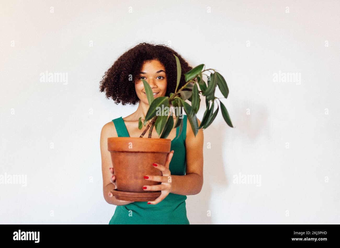 Giovane donna sorridente divertente di etnia afroamericana indossa t-shirt verde tiene casa pianta albero isolato su sfondo bianco Foto Stock
