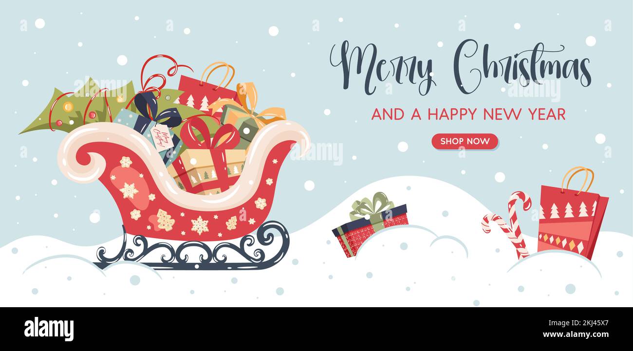 Banner di Natale con santas slitta scatole regalo di natale. Vendita stagionale Illustrazione Vettoriale