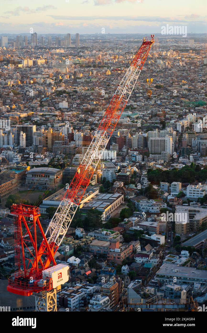 Una ripresa verticale di una gru rossa e bianca sul paesaggio urbano Foto Stock