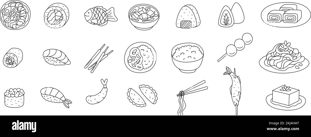 Grande cucina giapponese. Illustrazione del contorno del doodle modificabile per menu, disegno di fotoricettore, stampa. Illustrazione Vettoriale