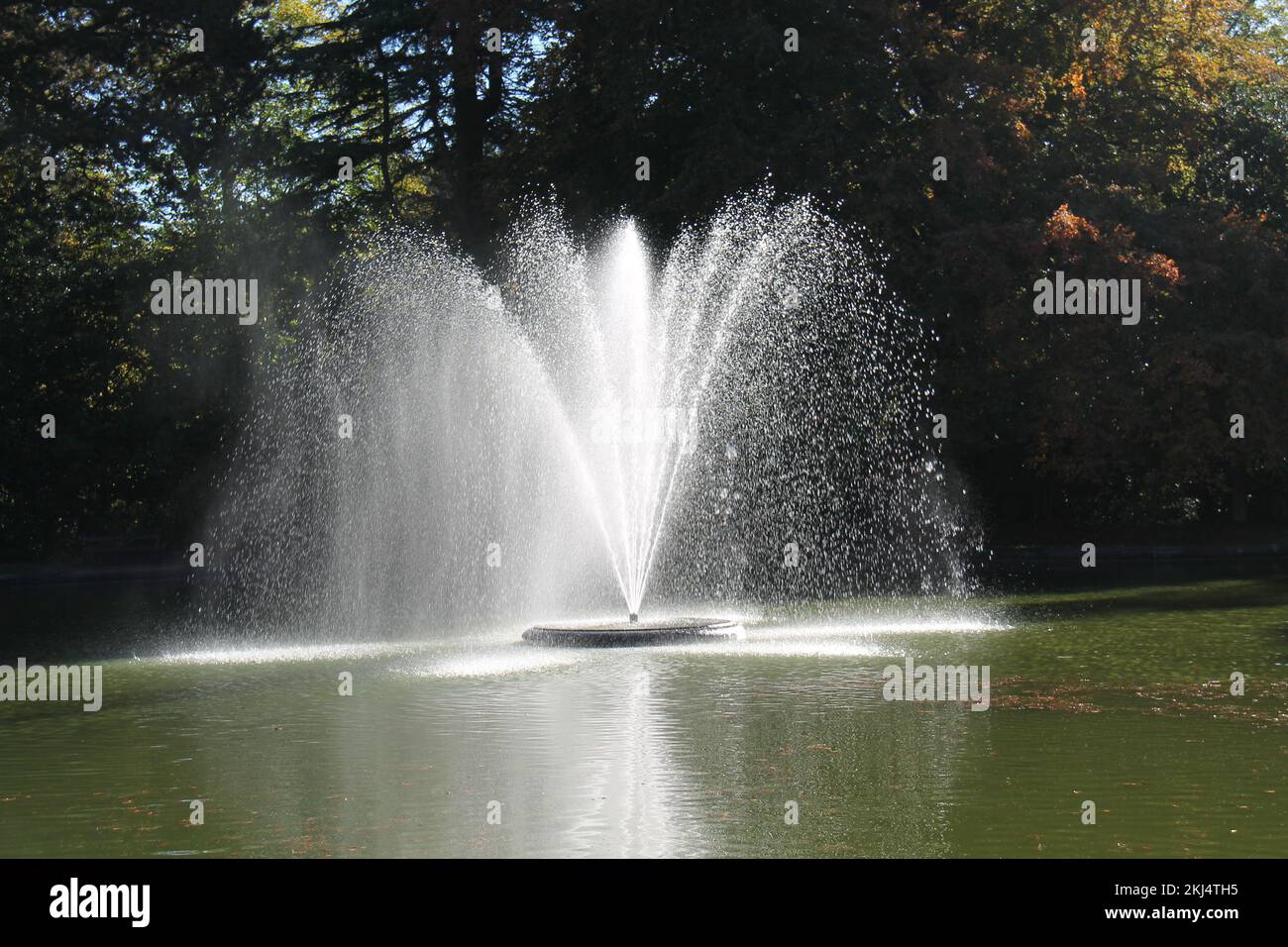 Un'impressionante Fontana d'acqua ornamentale in un grande laghetto. Foto Stock
