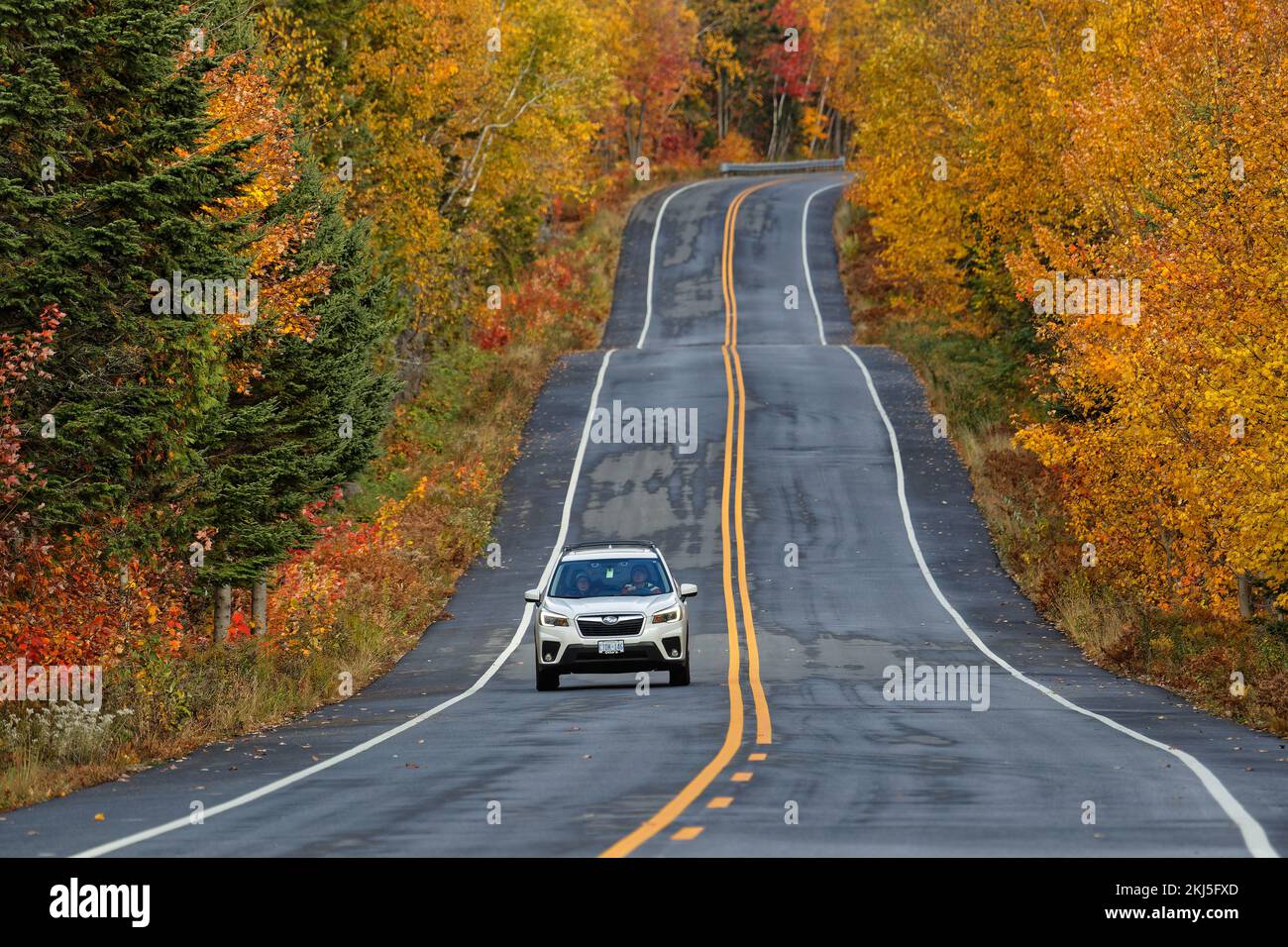 MAURICIE, CANADA, 7 ottobre 2022 : su una strada vuota del Parco Nazionale di la Mauricie in autunno Foto Stock