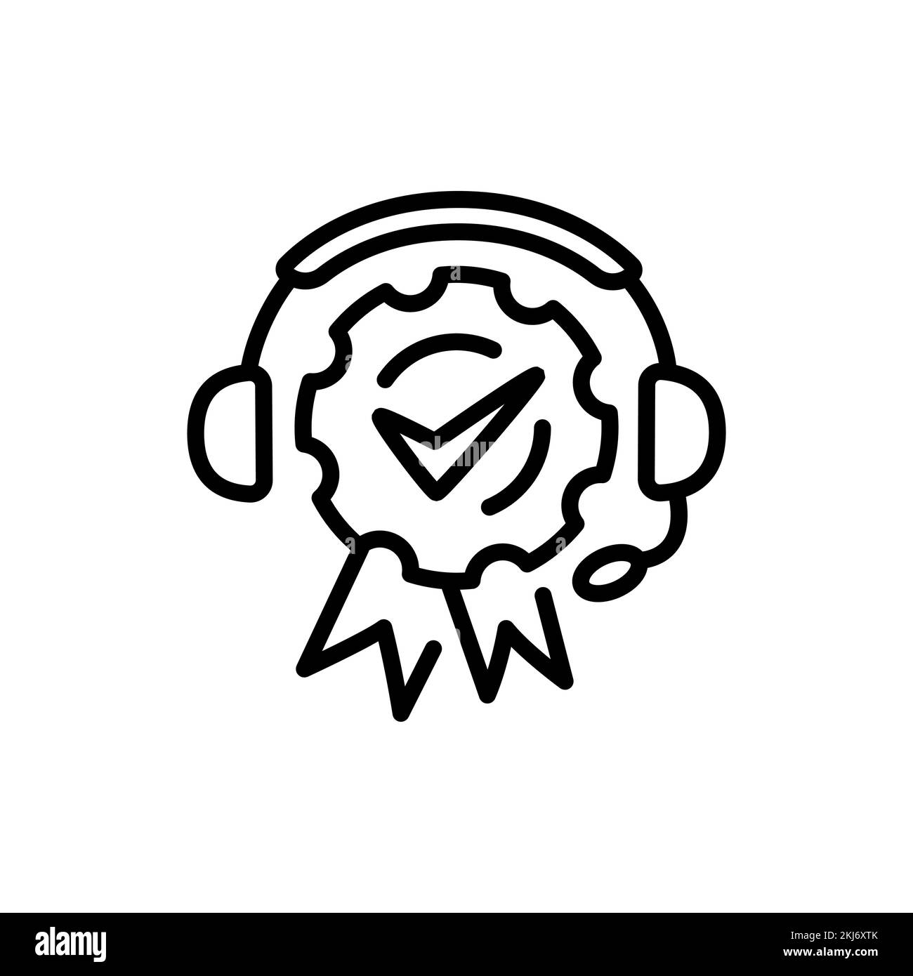 Icona della linea nera del servizio qualità. Cuffie e premio. Servizio di assistenza Illustrazione Vettoriale