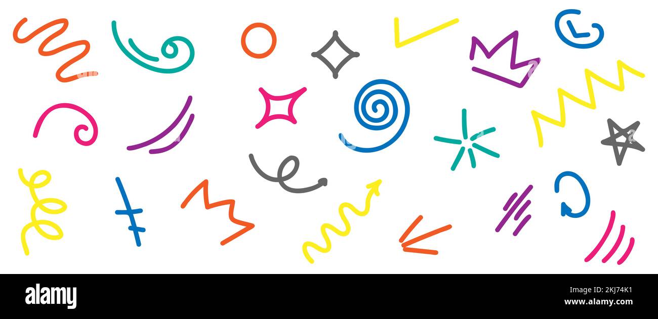Divertenti icone colorate a forma di scarabocchio. Design per bambini o feste con forme base Illustrazione Vettoriale