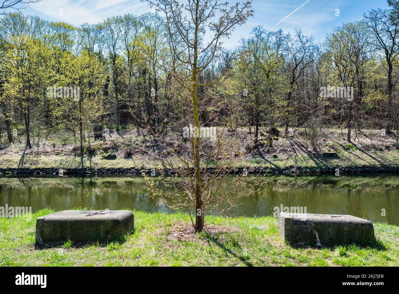 Resti di un ponte a Oder Spree Canal, Hartmannsdorf, Spreenhagen, Brandeburgo, Germania Foto Stock