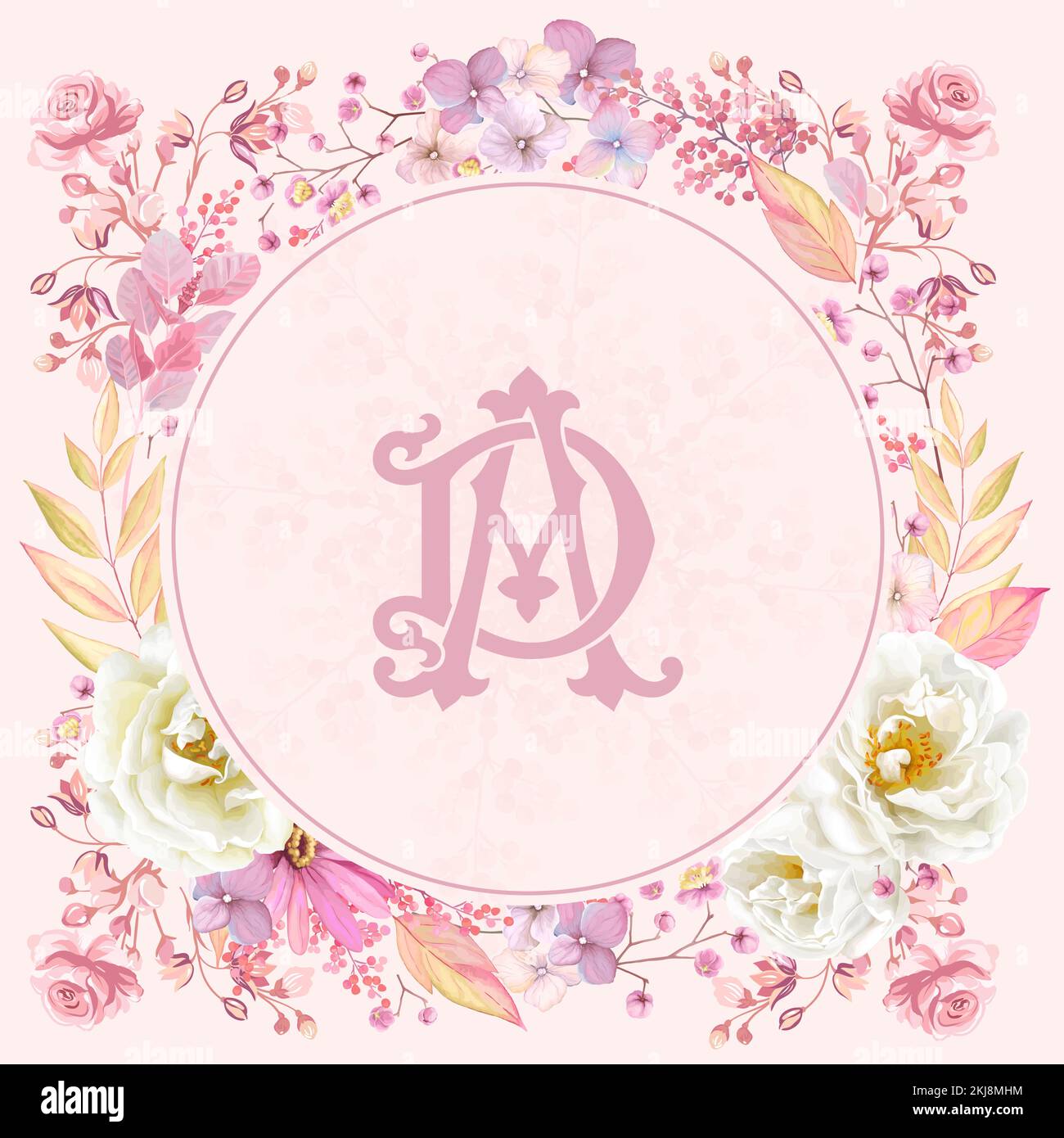 Cornice floreale vettoriale rosa e gialla | ad Invitation card design iniziale. Modello di biglietto con rosa bianca, rosa rosa rosa rosa e fiori di cosmo per l'invit di nozze Illustrazione Vettoriale