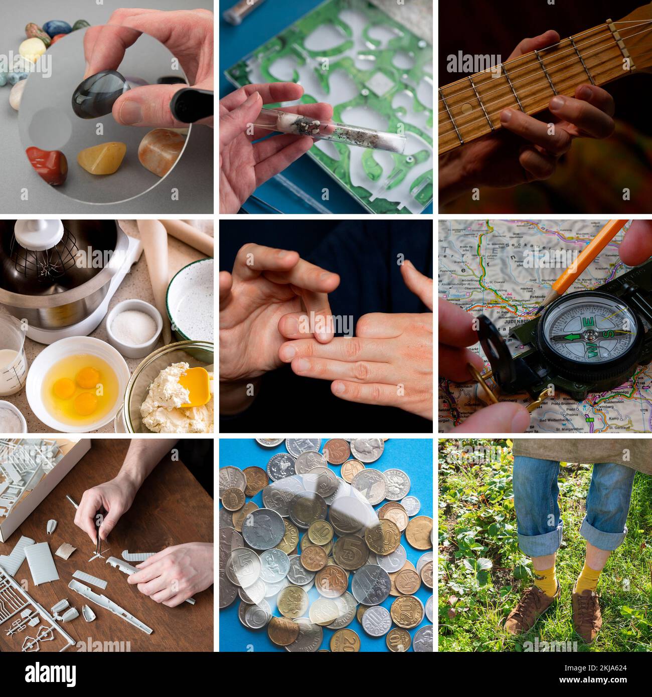 Hobby per gli adolescenti: Raccolta, costruzione di modelli, cucinare, giocare uno strumento, campeggio, Esecuzione di Magic Tricks, cura per gli animali, giardinaggio. Collag Foto Stock